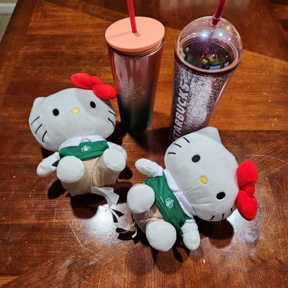 Starbucks Hello Kitty Plush Duo with Pink Ombre & Glitter Tumblers Plus 3 Others